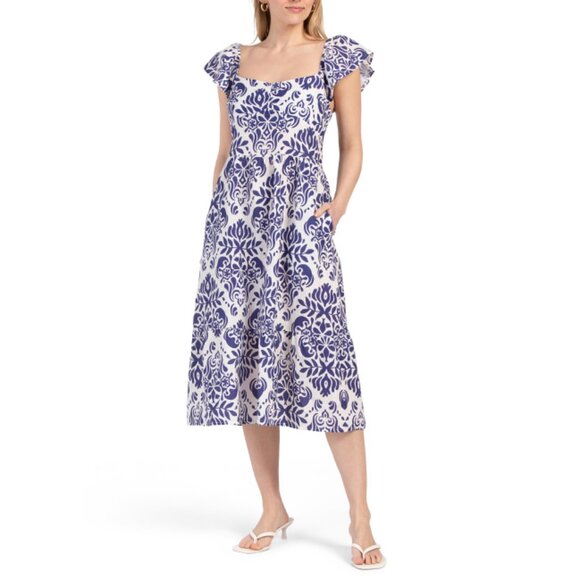 FRANCESCA BETTI  Italy Linen Blend Off The Shoulder Midi Dress - Picture 1 of 2